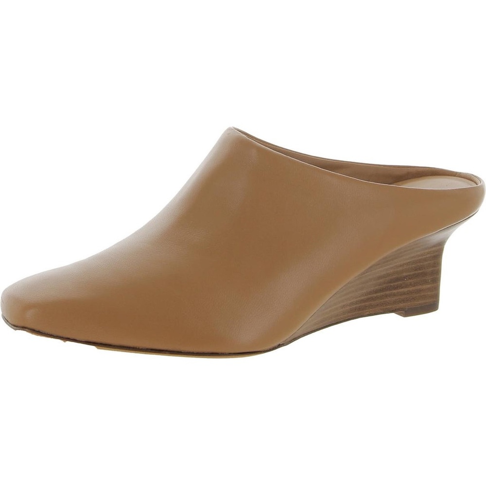 NWB VINCE. GENUINE LEATHER BENITA, TAN LE Wedge Mules Slip-On Styling Size 9